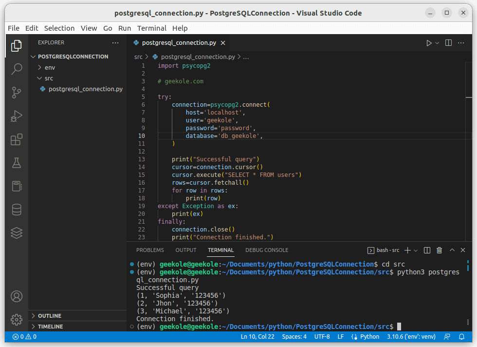 Connect to PostgreSQL database in Python